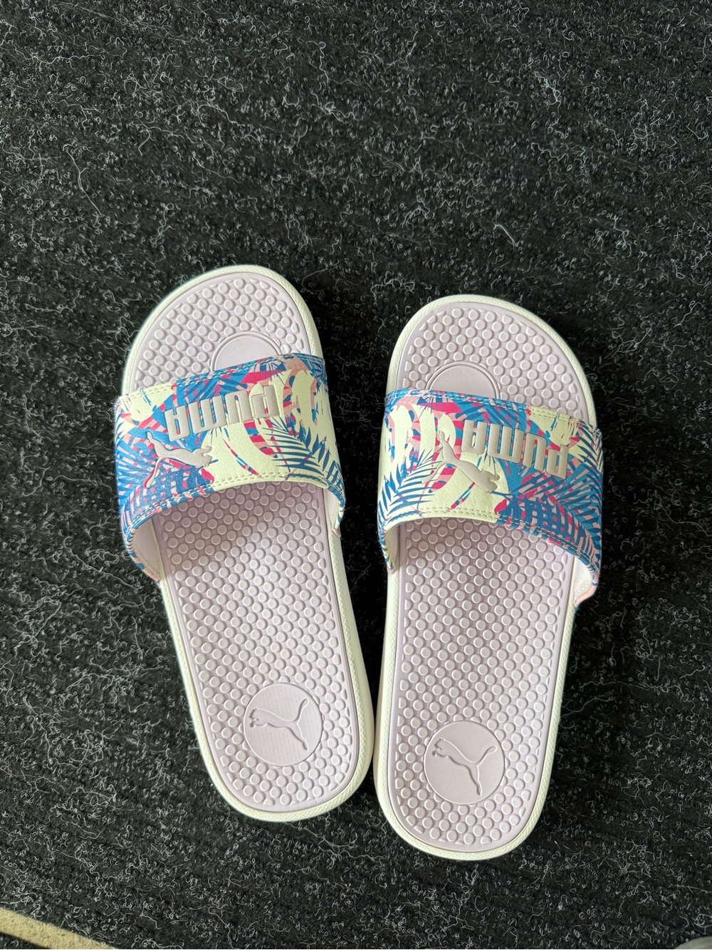 Puma Women's Pastel Purple Slide Sandals with Tropical Print Strap
